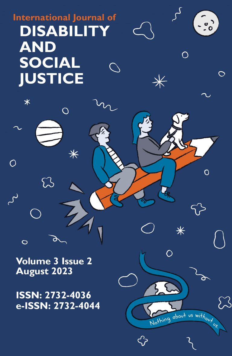 International Journal of Disability and Social Justice front cover. Journal’s cover shows two people zooming around on a pencil-shaped rocket.