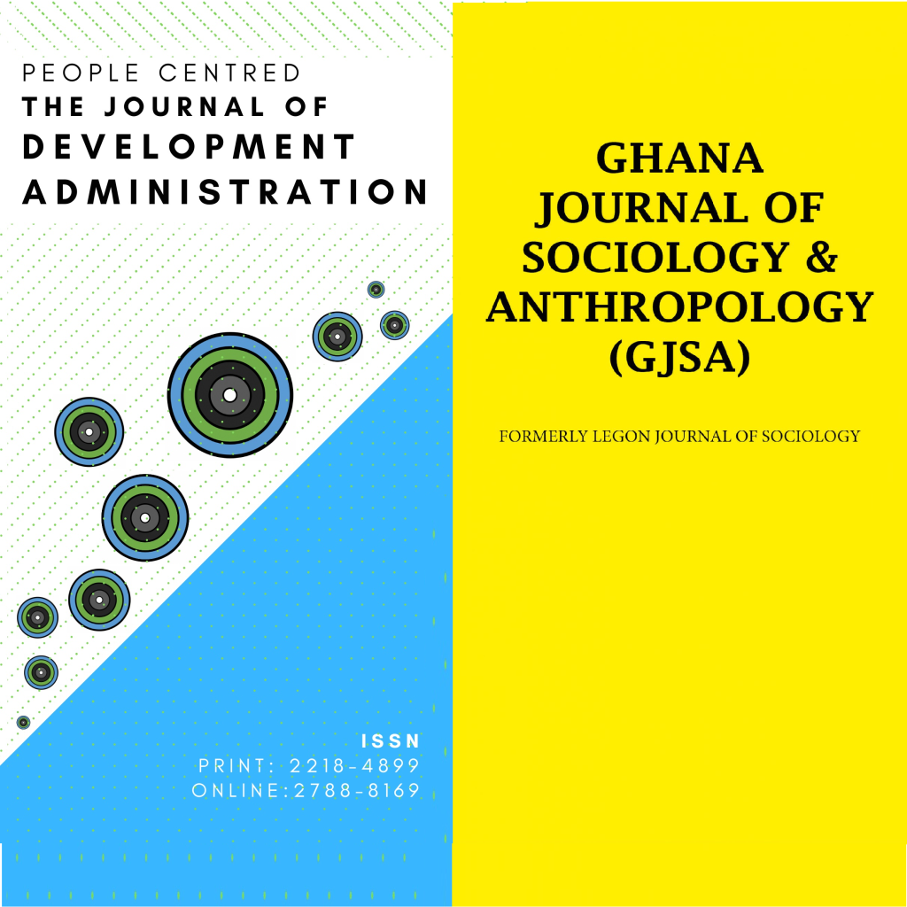 Square image combining both journal covers of Ghana Journal of Sociology & Anthropology (Volume 9, Issue 2) and People Centred - The Journal of Development Administration (Volume 11, Issue 1)