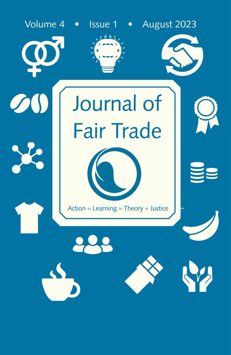 The Journal of fair trade volume 4 issue 1 front cover is blue and displays simple graphics of items often associated with fair trade such as a cup of coffee, a chocolate bar, bananas and coffee beans.