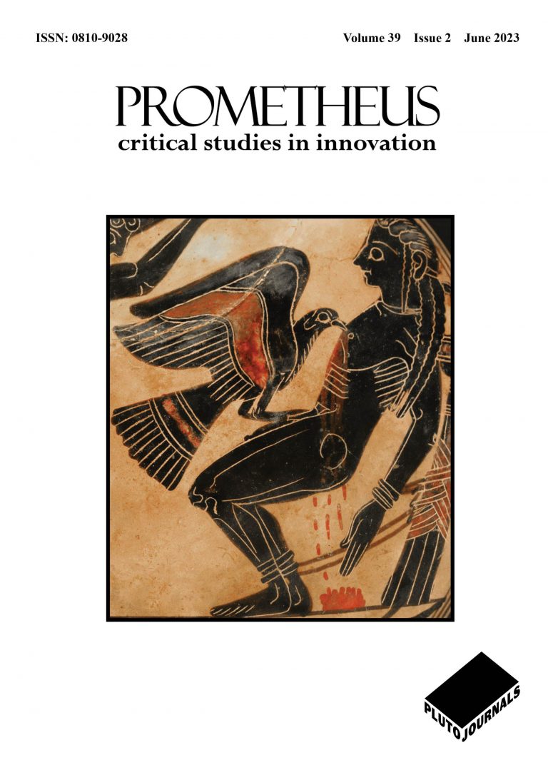 The cover of Prometheus Volume 39, Issue 2 is predominantly white and features an image of a Laconic ceramic depicting Atlas and Prometheus painted on it.