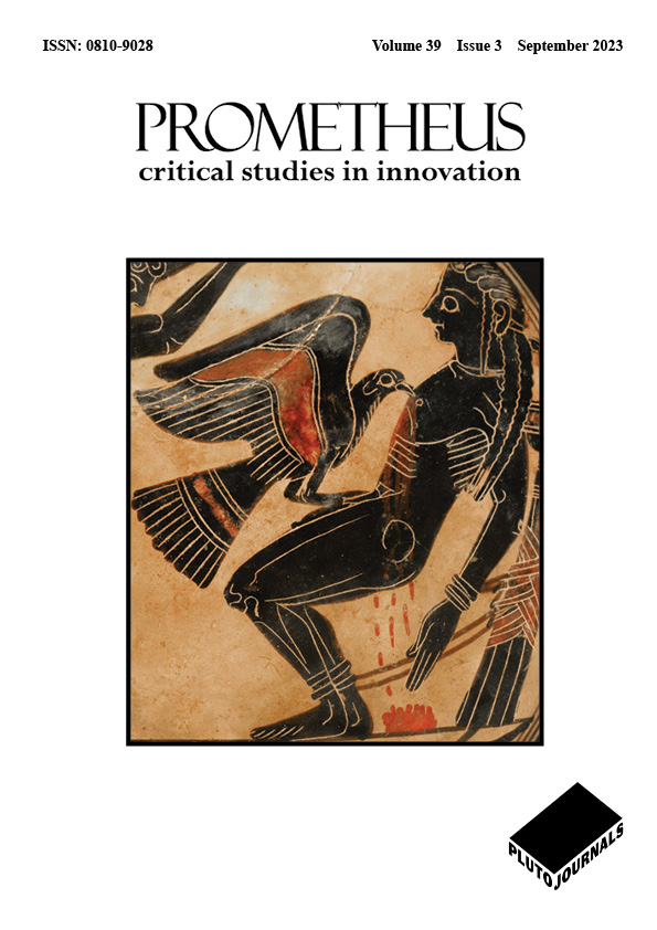 The cover of Prometheus Volume 39, Issue 3 is predominantly white and features an image of a Laconic ceramic depicting Atlas and Prometheus painted on it.